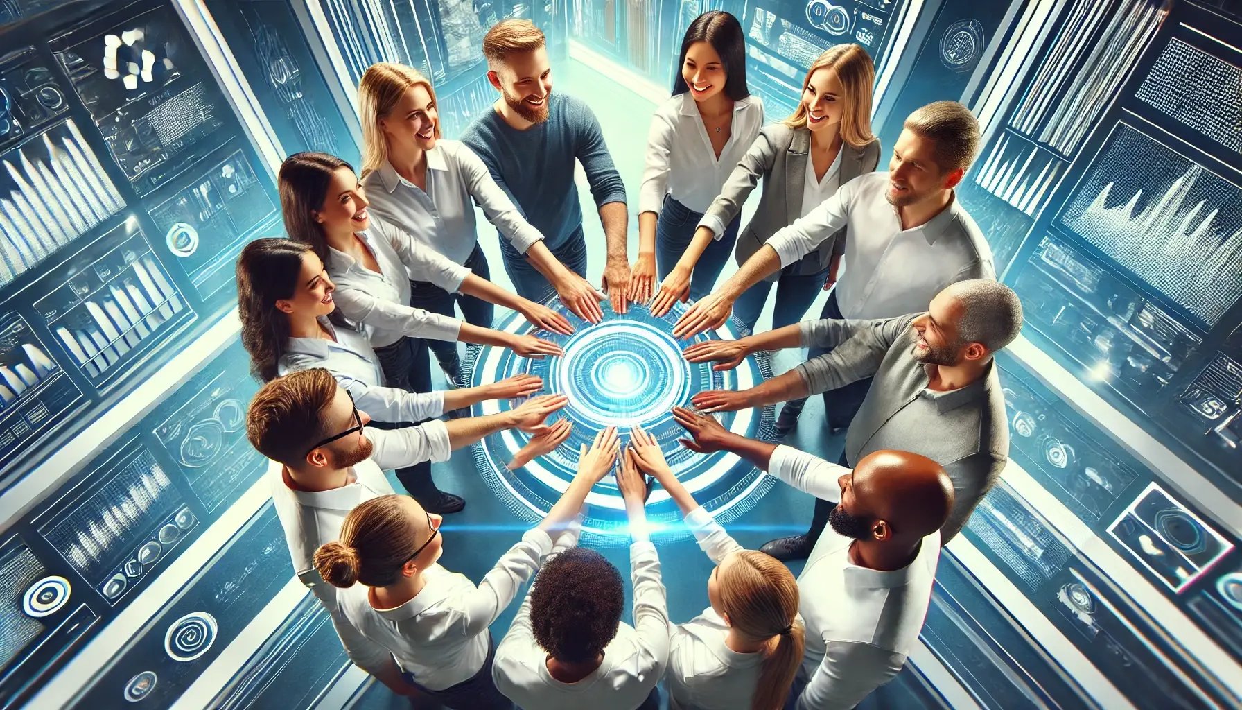 DALL·E 2024-06-20 15.31.36 - An image symbolizing teamwork, featuring a diverse group of people collaborating and working together. They are standing in a circle with their hands 